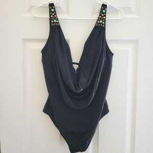 laundry by Shelli Segal Drapped in Jewels One Piece Swimsuit M Like New Black